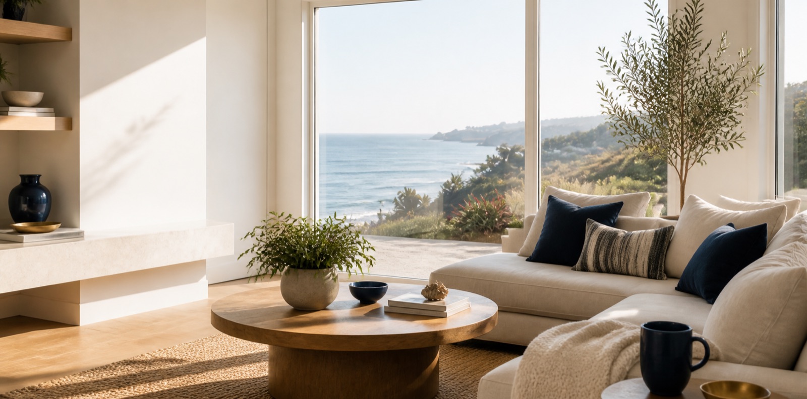 Sunlit coastal living room with an ocean view